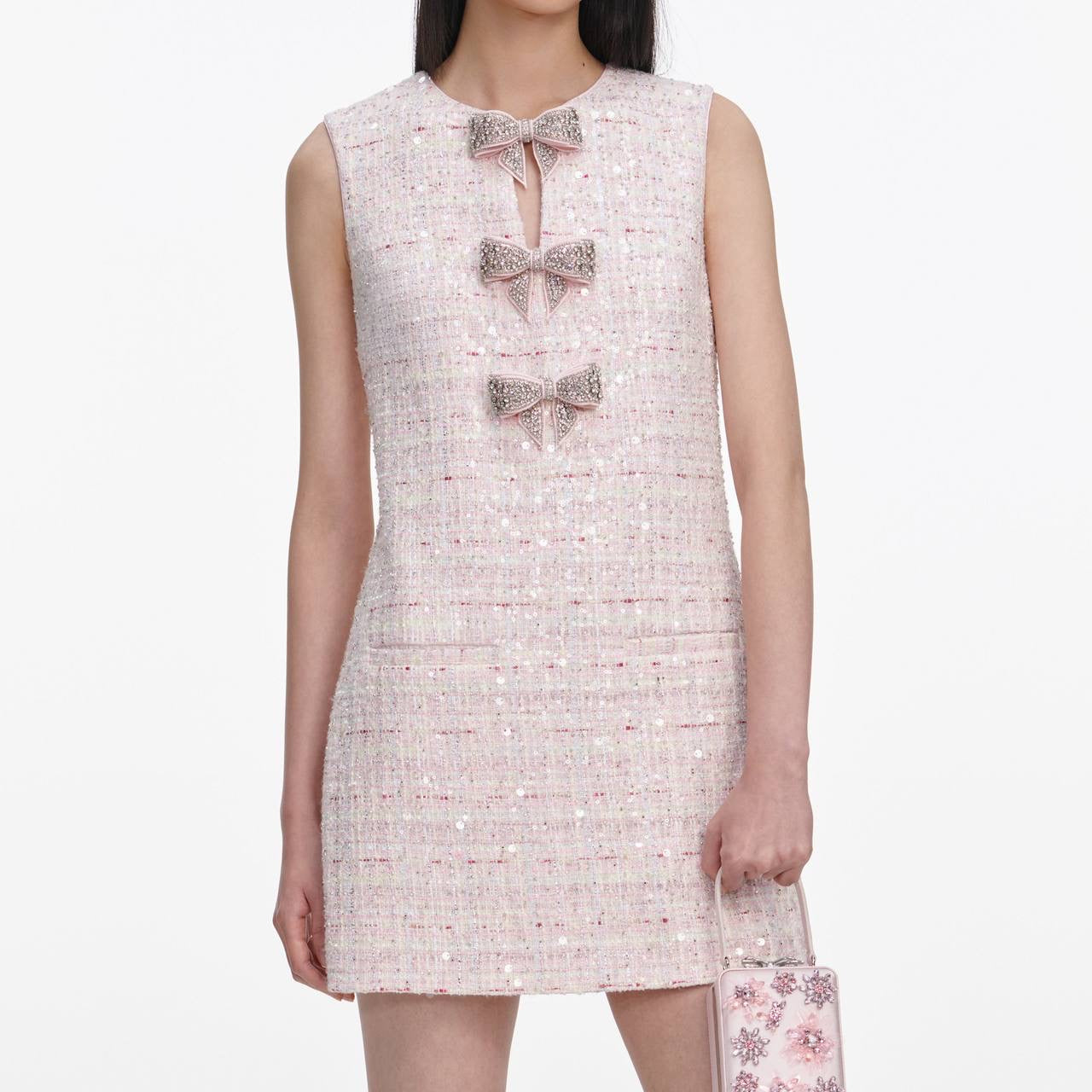 SP Pink Sequin Boucle Jacket | Bow Sleeveless Shift Mini Dress | Set
