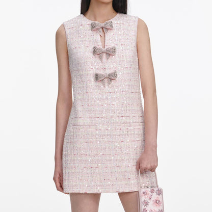 SP Pink Sequin Boucle Jacket | Bow Sleeveless Shift Mini Dress | Set
