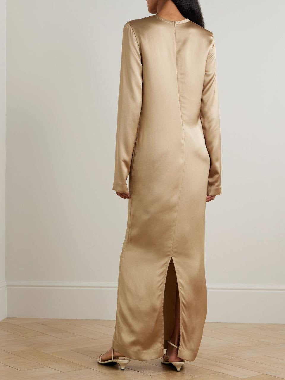 TOT Viscose Satin High-Neck Long Sleeve Midi Maxi Dress
