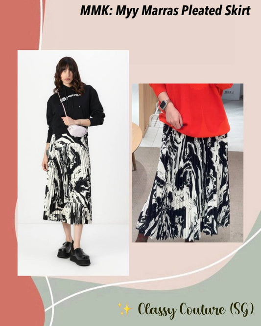 MMK Myy Marras Pleated Midi Skirt in Black/white Marble Ink