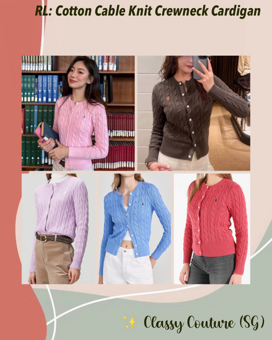 5 Colors! RL Cotton Cable Knit Crewneck Cardigan