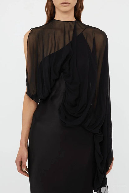 CE Swirl Black Silk Draped Sleeve Maxi Dress