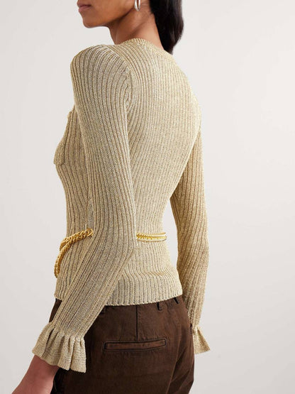 SP Gold Lurex Ribbed Knit Long Sleeved Top | Ruffle Hem Mini Dress