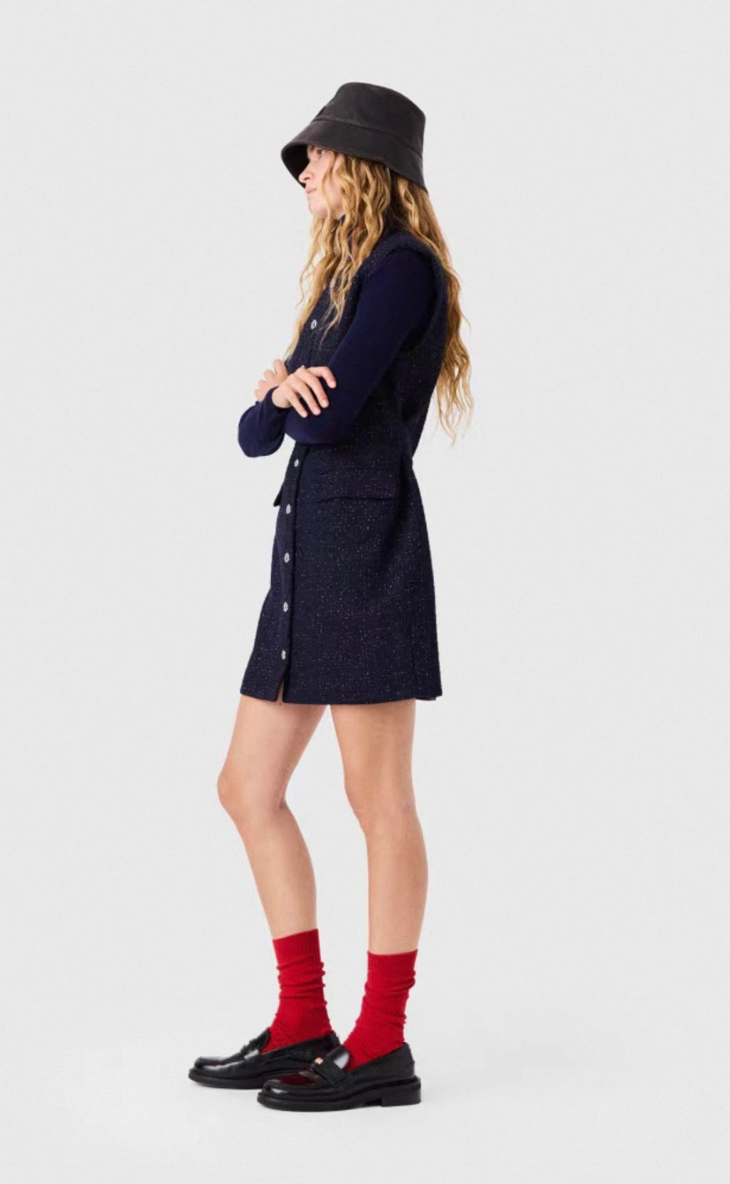 MJ Navy Blue Short Lurex Tweed Cinched Sleeveless Button Up Mini Dress