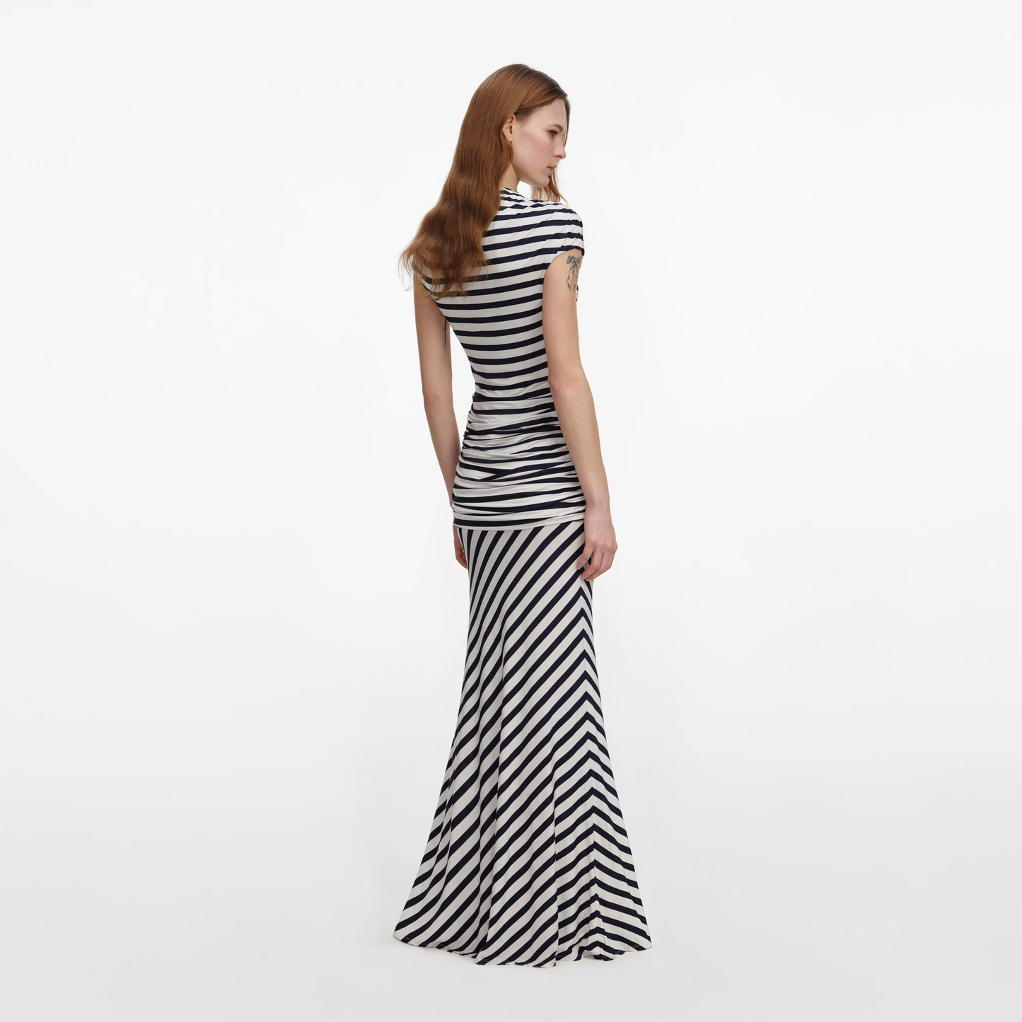 SP Navy Blue Stripe Jersey Short Sleeve Drop Waist Maxi Dress