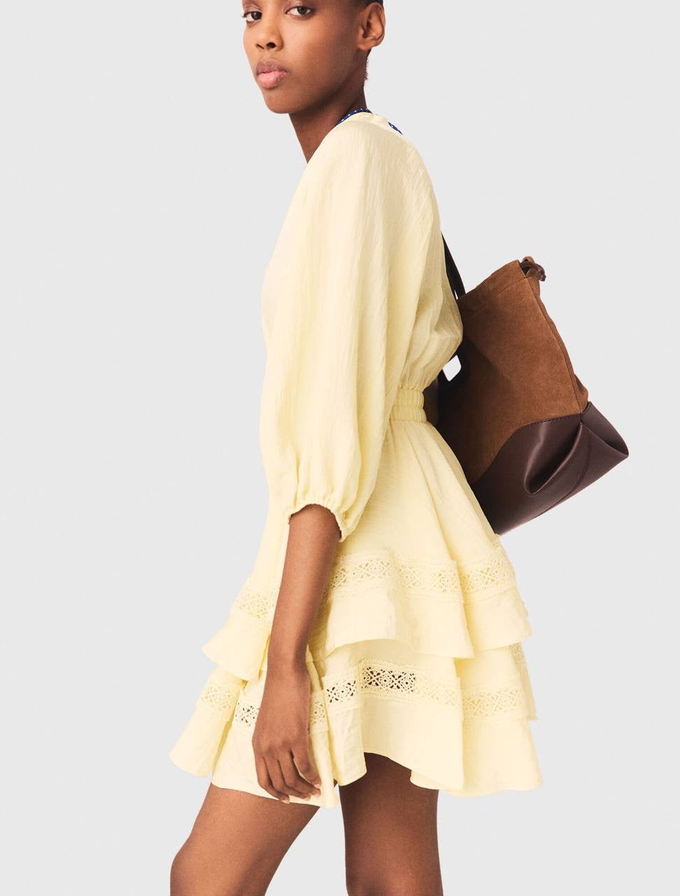 MJ Rapapamy Yellow Short V-Neck Ruffled Mini Dress