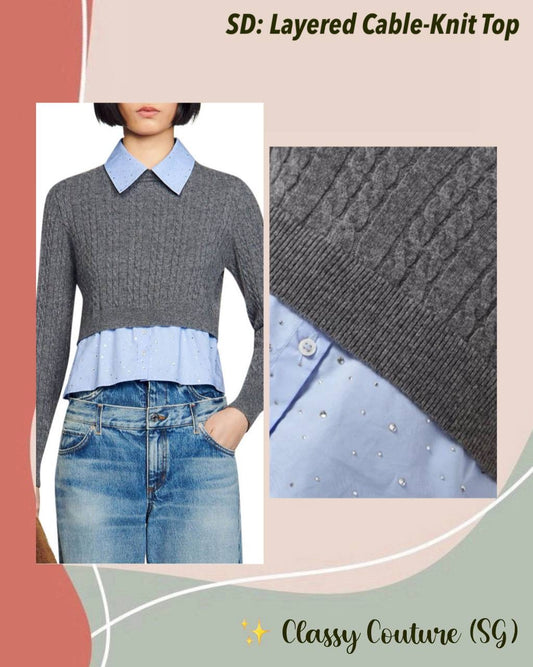SD Layered Cable-Knit Sweater Top with Rhinestone Embellishments