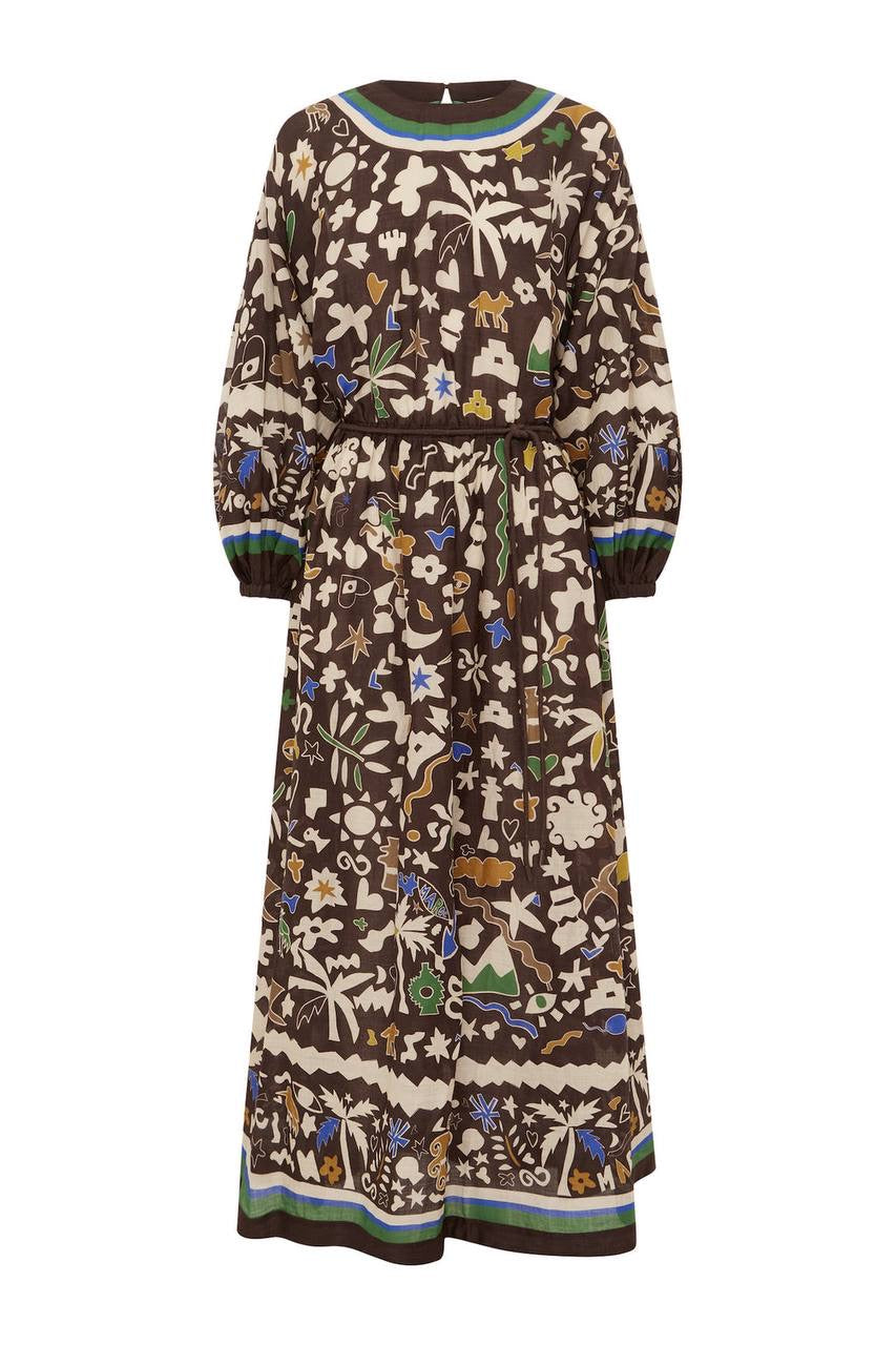 ALM Maroc Ramie Blouson-Sleeve Midi Dress