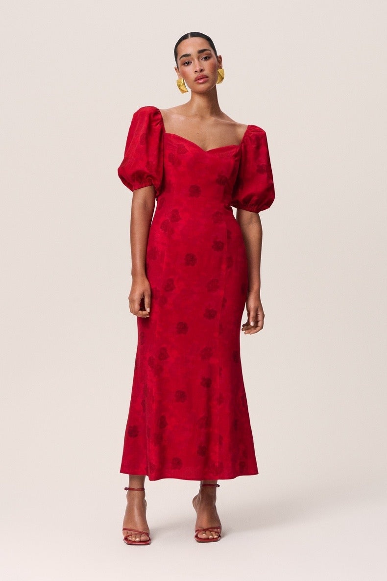 AD Vercelli Viscose-Linen Midi Maxi Dress | Red Puff Sleeve Backless