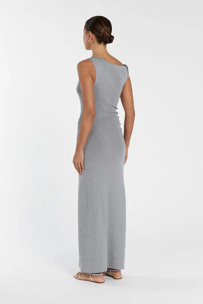 DSH Poppy Asym Midi Maxi Dress Viscose-Nylon Knit in Bitter Choc & Marle Grey