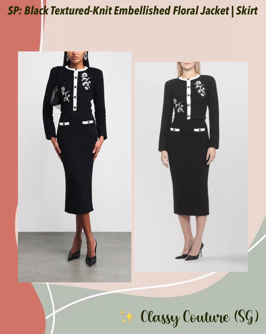 SP Black Textured-Knit Embellished Floral Jacket | Skirt