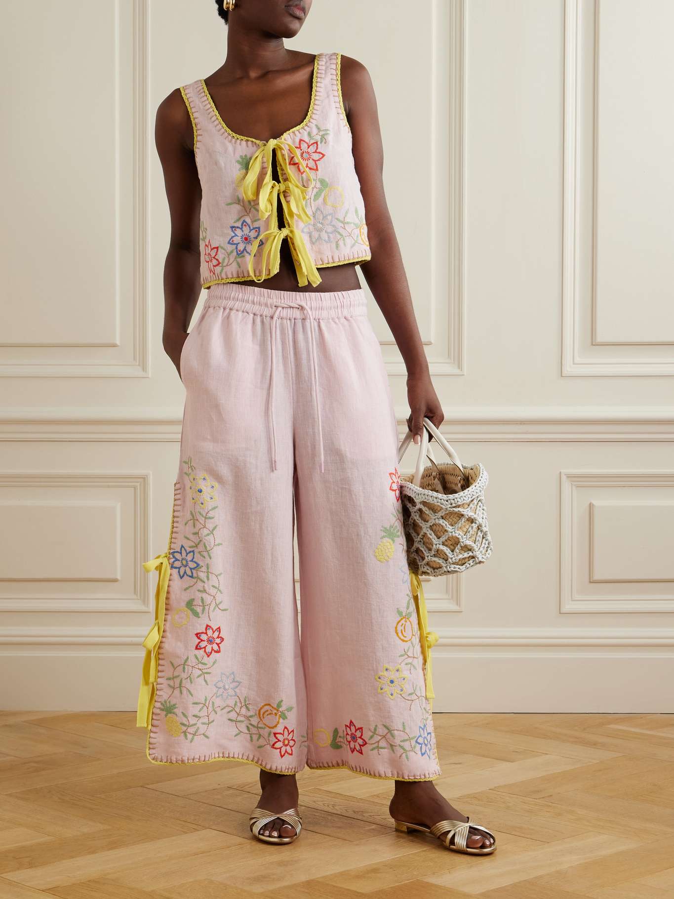 ALM Olivia Embroidered Linen Crop Top | Pants | Set