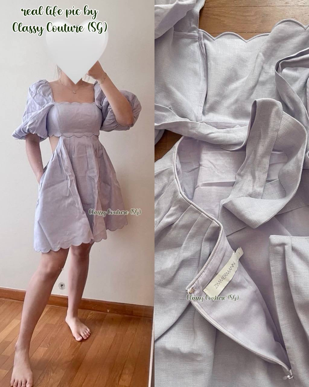 040ZM Purple Floral Linen Scallop Cutout Mini Dress