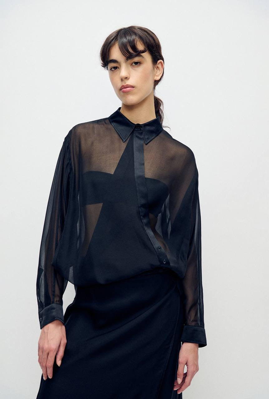 SL 8-Momme Silk Chiffon Crossover Shirt