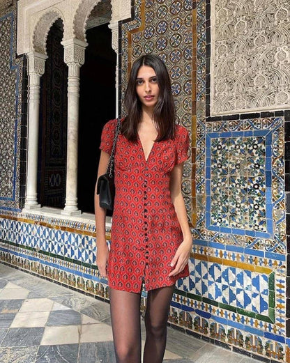RP Cecile Silk V-neck Mini Dress in Lucky Fortune Red