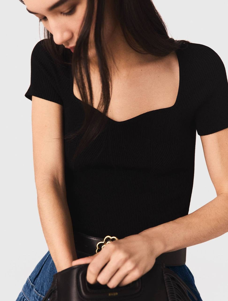 MJ Moka Rib Knit Sweetheart Shirt Top