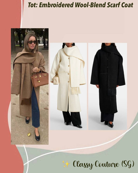 3 Colors! Tot Embroidered Wool-Blend Scarf Long Coat