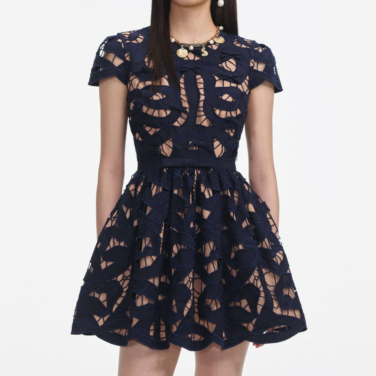 SP Navy Bow Embroidered Mini Dress