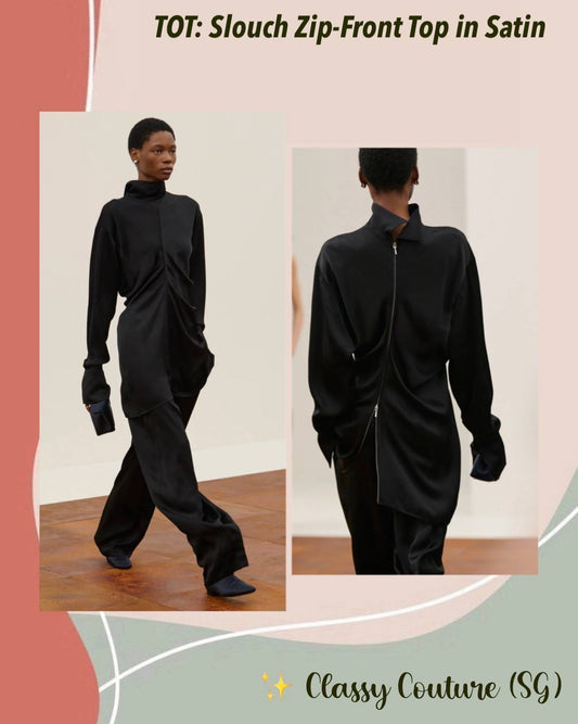 TOT Slouch Zip-Front Drape Satin Blouse Top