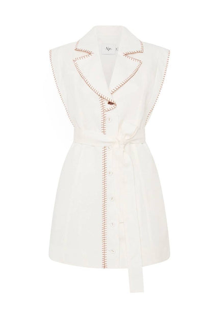 AJ Encompass | Sahira Barbstitch Linen Rayon Utility Mini Dress in Ivory