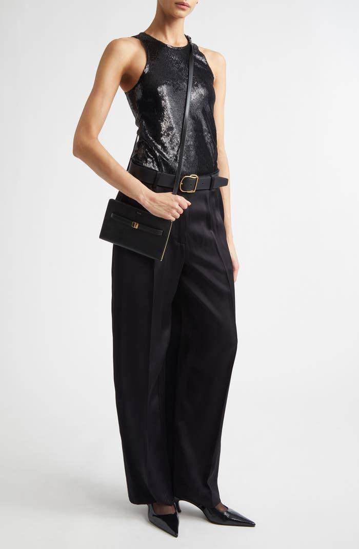 TOT Sequin Curved Sequin Tank | Long Sleeve Shirt | Low-waist Column Midi Skirt | Set