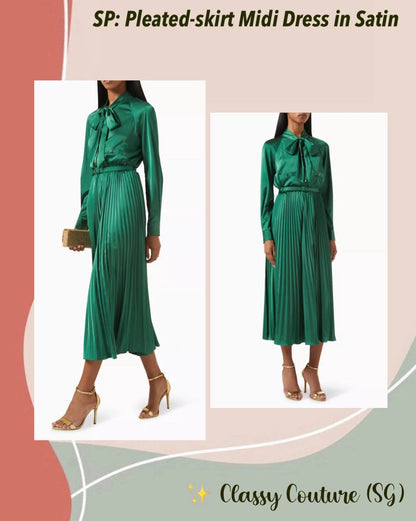 SP Green Satin Pussybow Pleated Midi Dress