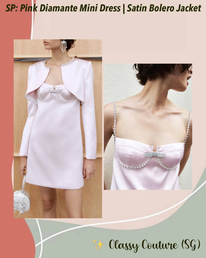 SP Pink Diamante Bow Bustier Satin Mini Dress | Bolero Jacket | Set