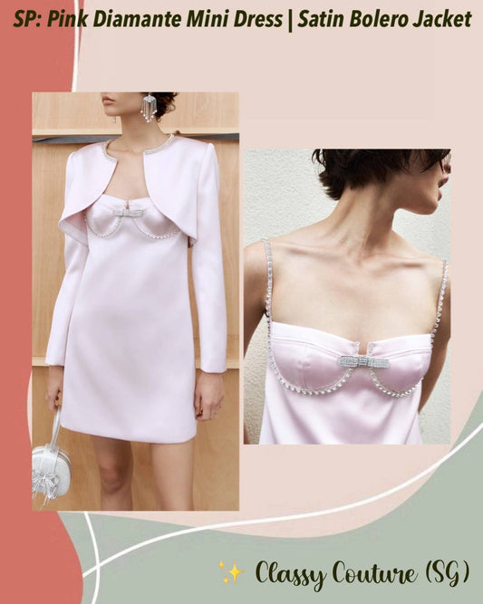 SP Pink Diamante Bow Bustier Satin Mini Dress | Bolero Jacket | Set