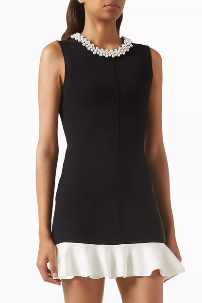 SD Short Sleeveless Knit Mini Dress with Pearl Beaded Neck