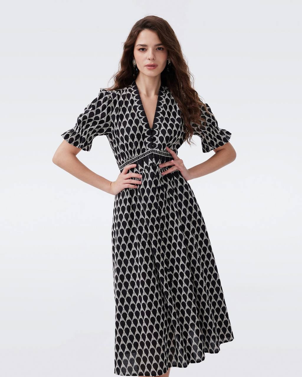 DVF Erica Cotton Midi Dress in Black/Ivory