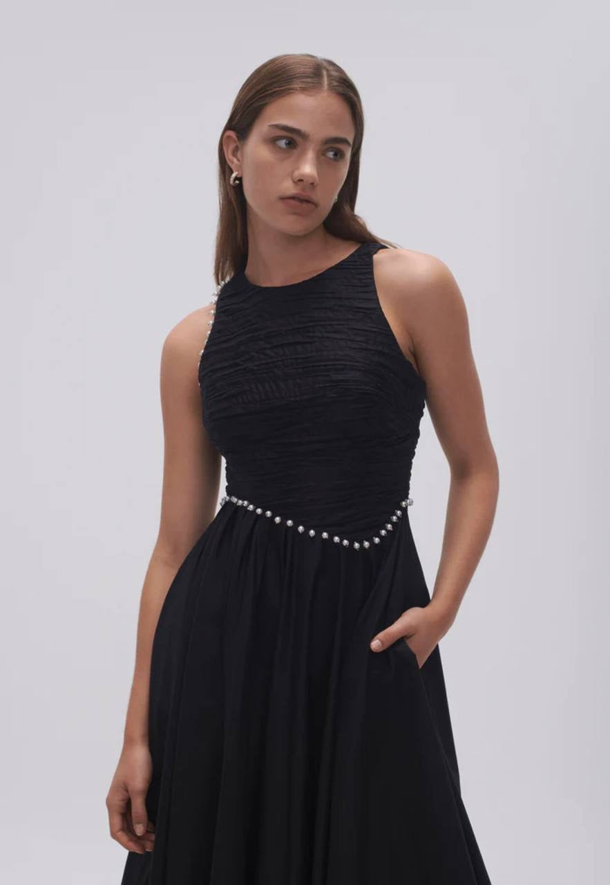 SALE! AJ Black Florence Pearl Trim Midi Dress