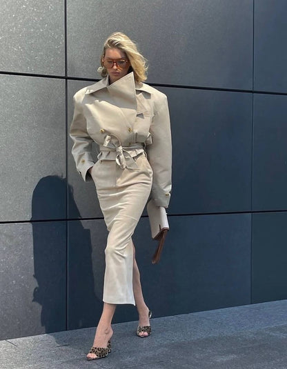 HS Oversized Cropped Trench Coat Jacket in Khaki