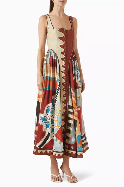 ALM Michelle Linen-Viscose Square Neck Midi Dress