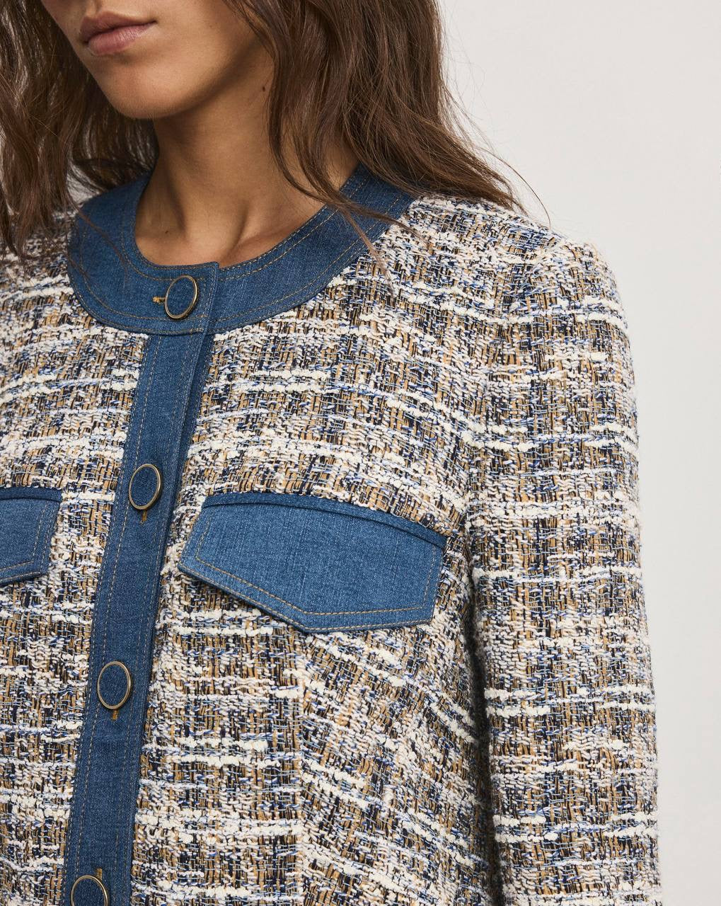 VB Ainslie Tweed Cotton-Blend Jacket w Denim Contrast Trim
