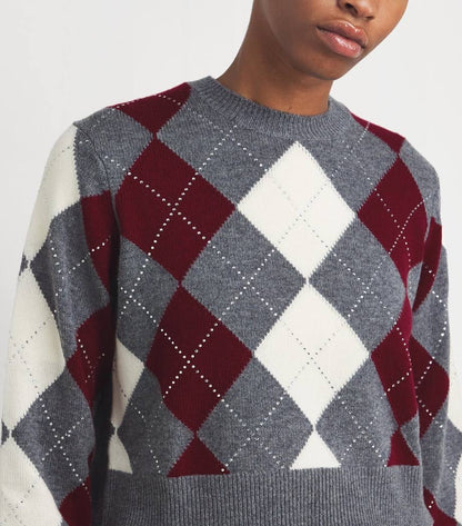 MJ Argyle Cropped Rhinestone Embellished Wool Jumper