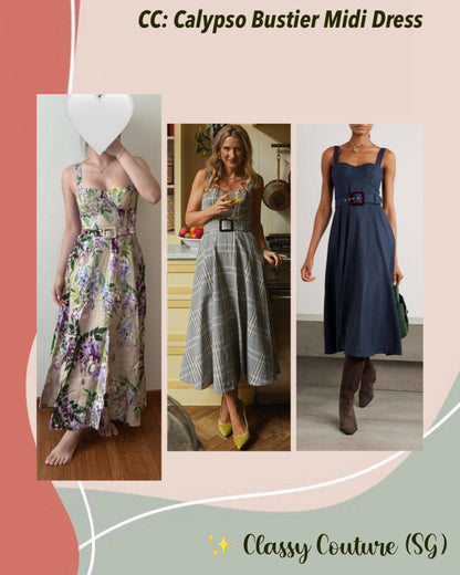 3 Colors! CC Calypso Bustier Belted Midi Dress in Floral Linen | Wool-blend Pinstripe | Plaid Check