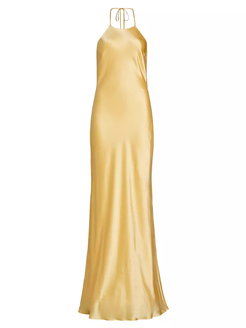 Yellow Jeany Silk Halter Maxi Dress Gown