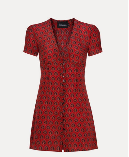 RP Cecile Silk V-neck Mini Dress in Lucky Fortune Red