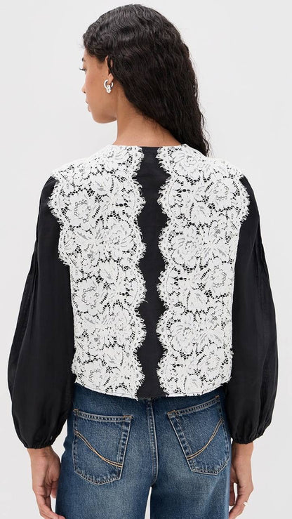 SE Norabelle Ramie Long Sleeve Top with Cotton Lace Overlay