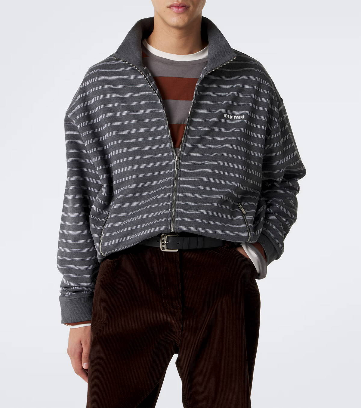 MM Grey White Striped Cotton Fleece Jacket