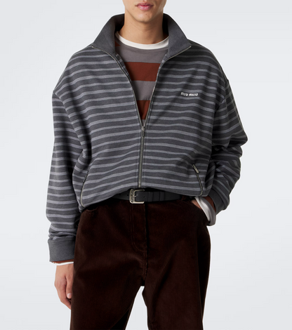 MM Grey White Striped Cotton Fleece Jacket