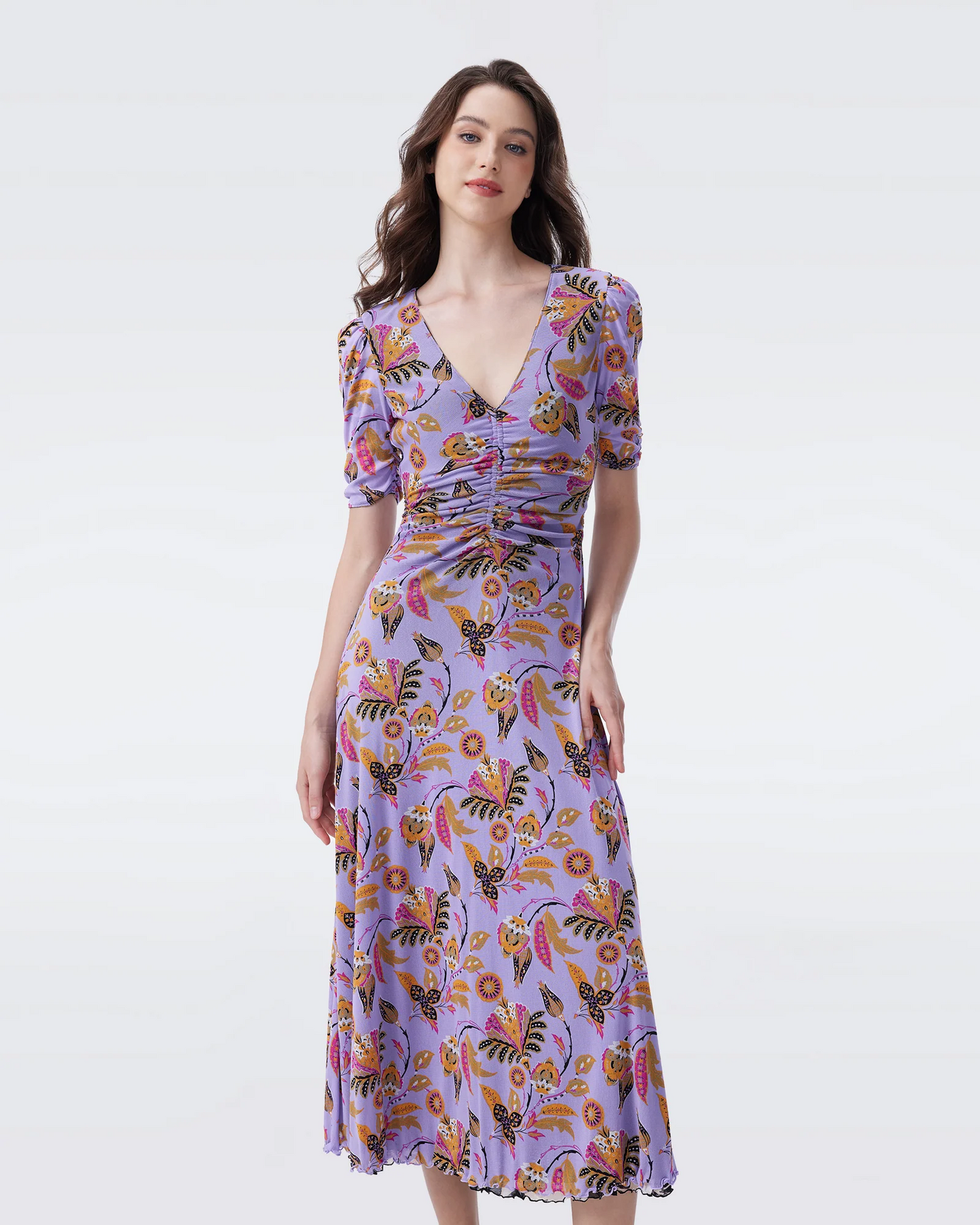 DVF Koren Reversible Mesh Midi Dress in REAL TO CHINTZ LILAC/INLAY FLOWER BLACK