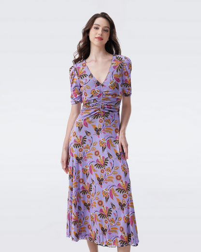 DVF Koren Reversible Mesh Midi Dress in REAL TO CHINTZ LILAC/INLAY FLOWER BLACK