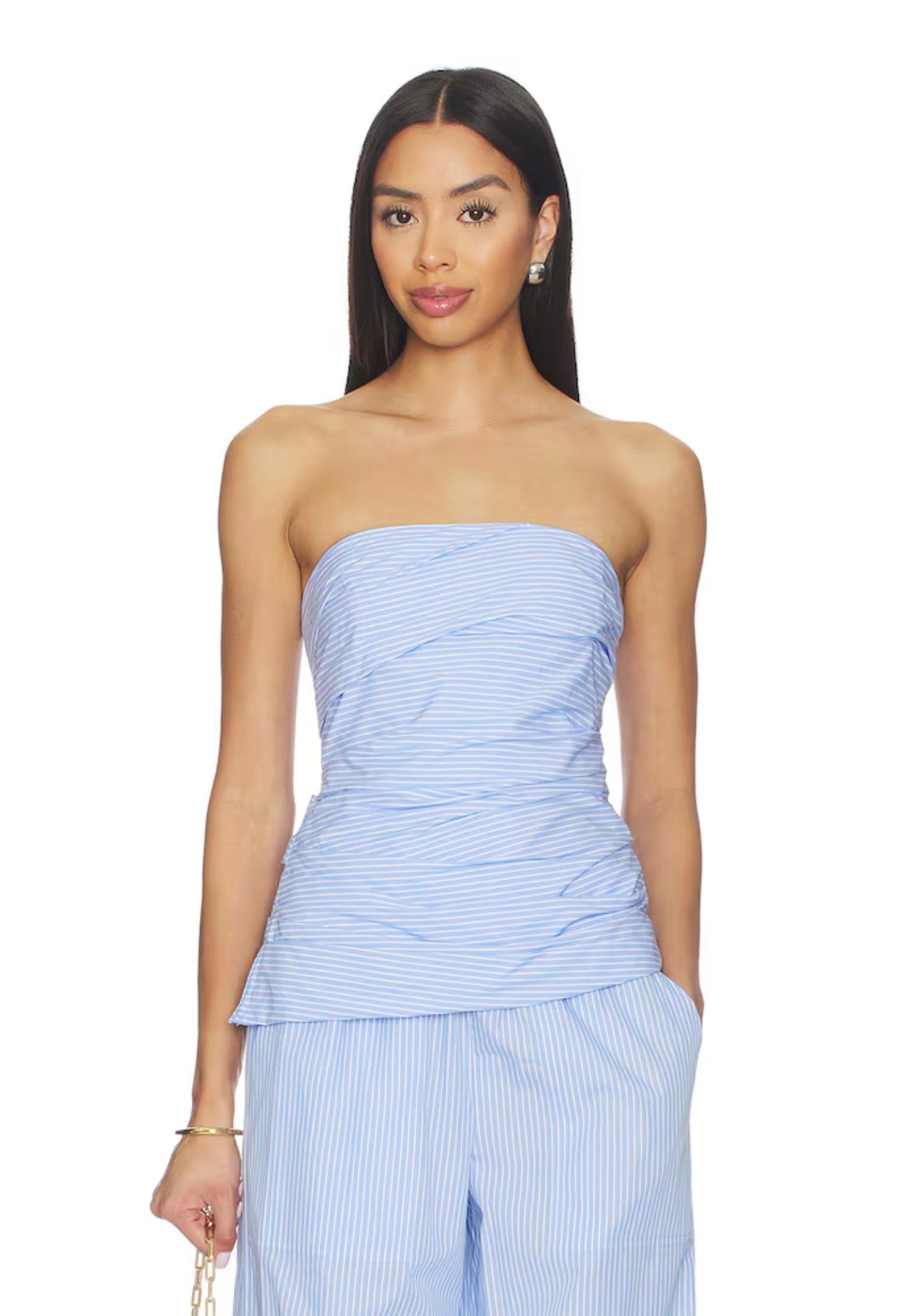 SK Emerson Ruched Bustier Top (Removable straps) | Arden Pants | Cotton Poplin Pinstripe Set