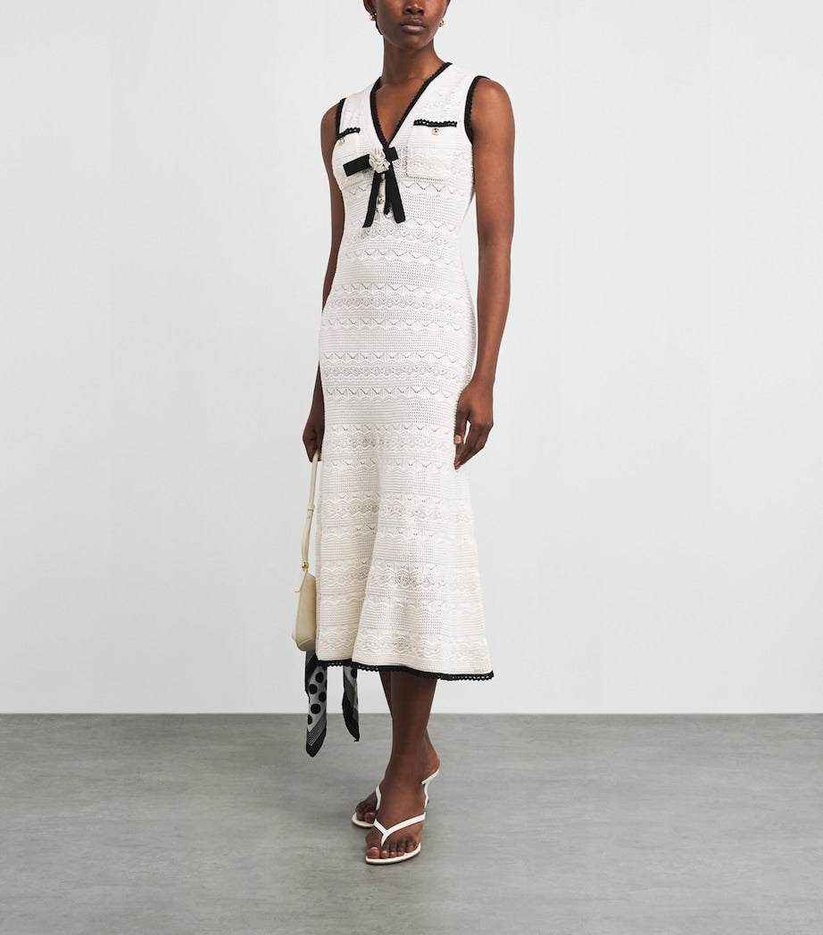SP White 3D Rosette Pointelle Cotton-blend Knit Contrast Bow Mini | Midi Dress