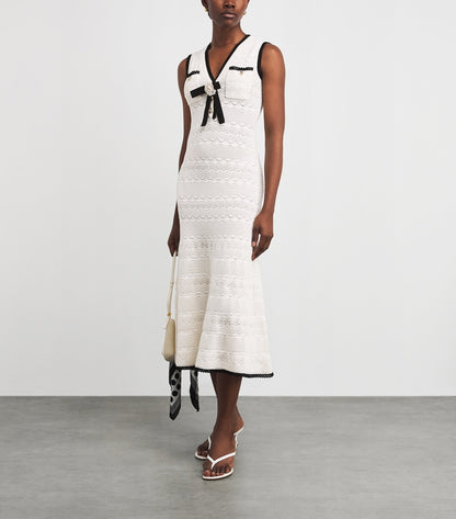 SP White 3D Rosette Pointelle Cotton-blend Knit Contrast Bow Mini | Midi Dress