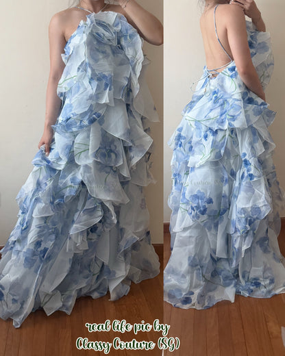 4 Colors! AJ Pandorea Halter Layered Maxi Dress Gown