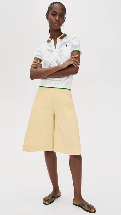 RL Pointelle Stripe Cotton-blend Polo Shirt Top with Rainbow Collar