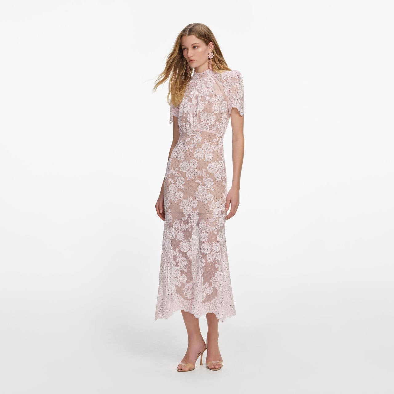 SP Pink Rhinestone Lace Short Sleeve Midi Dress
