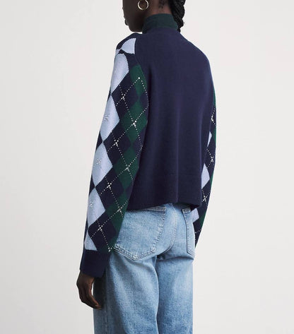 Argyle Diamond Jumper Sweater with Rhinestones & Wool Triangle Scarf | Green/Blue/Navy Set